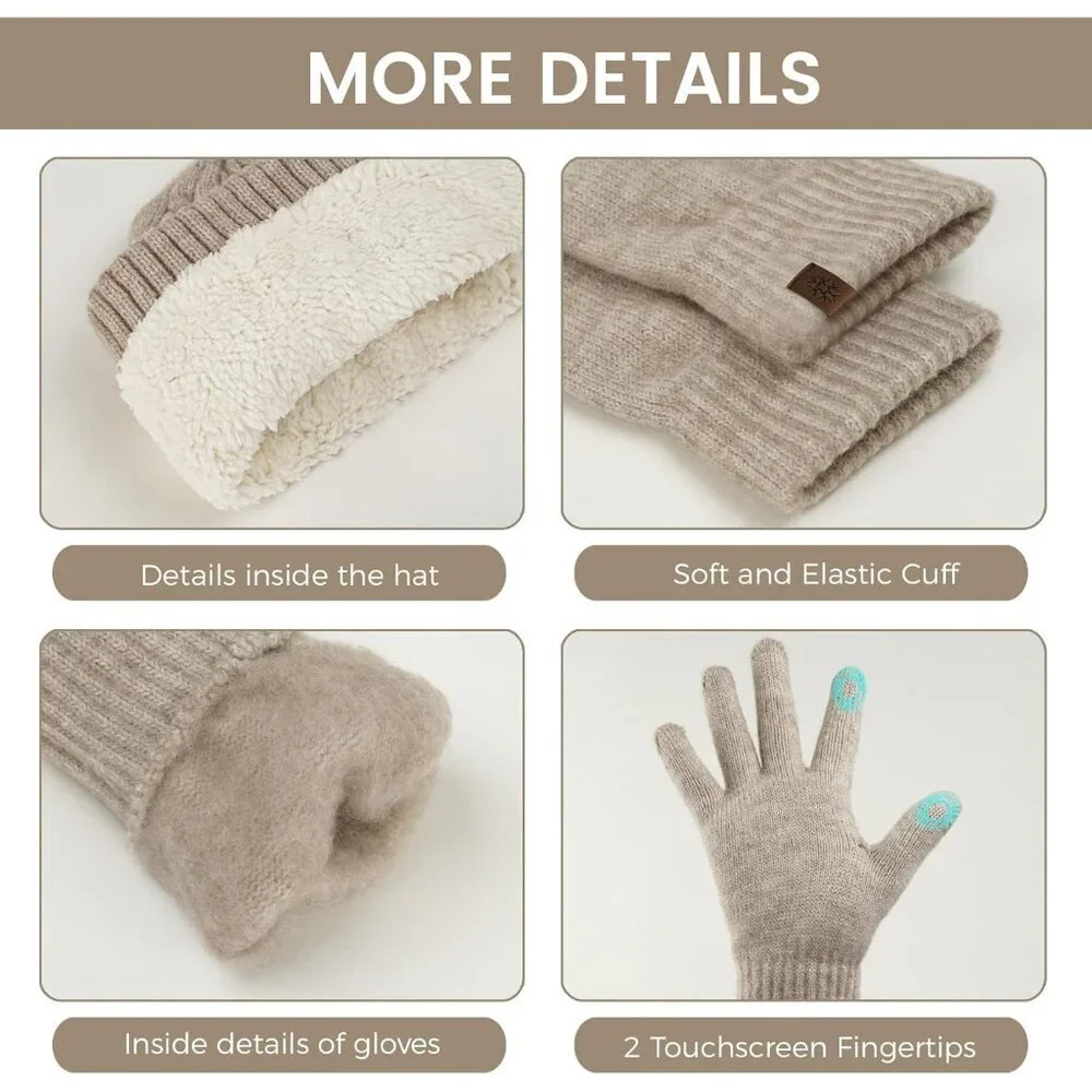 Women's Winter Beanie Hat Scarf Gloves Set Knit Fleece Touch Screen